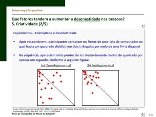 Governança Corporativa

Que fatores tendem a aumentar a desonestidade nas pessoas?
5. Criatividade (2/5)
Experimento – Criatividade e desonestidade


Após responderem, participantes sentavam na frente de uma tela de computador na
qual havia um quadrado dividido em dois triângulos por meio de uma linha diagonal



Na sequência, apareciam vinte pontos de luz aleatoriamente dentro do quadrado por
apenas um segundo, conforme a seguinte figura:

Fonte: Gino, Francesca; Ariely, Dan. 2012. The dark side of creativity: Original thinkers can be more dishonest. Journal of Personality and Social
Psychology. 102(3): 445-459. DOI: 10.1037/a0026406

Prof. Dr. Alexandre Di Miceli da Silveira®

110

 