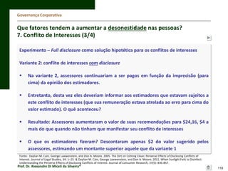 Governança Corporativa

Que fatores tendem a aumentar a desonestidade nas pessoas?
7. Conflito de Interesses (3/4)
Experimento – Full disclosure como solução hipotética para os conflitos de interesses
Variante 2: conflito de interesses com disclosure


Na variante 2, assessores continuariam a ser pagos em função da imprecisão (para
cima) da opinião dos estimadores.



Entretanto, desta vez eles deveriam informar aos estimadores que estavam sujeitos a
este conflito de interesses (que sua remuneração estava atrelada ao erro para cima do
valor estimado). O quê aconteceu?



Resultado: Assessores aumentaram o valor de suas recomendações para $24,16, $4 a
mais do que quando não tinham que manifestar seu conflito de interesses



O que os estimadores fizeram? Descontaram apenas $2 do valor sugerido pelos
assessores, estimando um montante superior aquele que da variante 1

Fonte: Daylian M. Cain, George Loewenstein, and Don A. Moore. 2005. The Dirt on Coming Clean: Perverse Effects of Disclosing Conﬂicts of
Interest. Journal of Legal Studies, 34: 1–25. & Daylian M. Cain, George Loewenstein, and Don A. Moore. 2011. When Sunlight Fails to Disinfect:
Understanding the Perverse Effects of Disclosing Conflicts of Interest. Journal of Consumer Research, 37(5): 836-857.

Prof. Dr. Alexandre Di Miceli da Silveira®

118

 