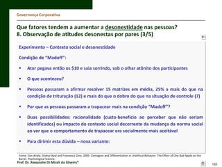 Governança Corporativa

Que fatores tendem a aumentar a desonestidade nas pessoas?
8. Observação de atitudes desonestas por pares (3/5)
Experimento – Contexto social e desonestidade
Condição de “Madoff”:


Ator pegava então os $10 e saia sorrindo, sob o olhar atônito dos participantes



O que aconteceu?



Pessoas passaram a afirmar resolver 15 matrizes em média, 25% a mais do que na
condição de trituração (12) e mais do que o dobro do que na situação de controle (7)



Por que as pessoas passaram a trapacear mais na condição “Madoff”?



Duas possibilidades: racionalidade (custo-benefício ao perceber que não seriam
identificados) ou impacto do contexto social decorrente da mudança da norma social
ao ver que o comportamento de trapacear era socialmente mais aceitável



Para dirimir esta dúvida – nova variante:

Fonte: Dan Ariely, Shahar Ayal and Francesca Gino. 2009. Contagion and Differentiation in Unethical Behavior: The Effect of One Bad Apple on the
Barrel. Psychological Science.

Prof. Dr. Alexandre Di Miceli da Silveira®

122

 
