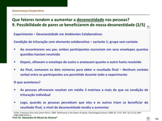 Governança Corporativa

Que fatores tendem a aumentar a desonestidade nas pessoas?
9. Possibilidade de pares se beneficiarem de nossa desonestidade (2/5)
Experimento – Desonestidade em Ambientes Colaborativos
Condição de trituração com elemento colaborativo – variante 1: grupo sem contato


Ao encontrarem seu par, ambos participantes escreviam em seus envelopes quantas
questões haviam resolvido



Depois, olhavam o envelope do outro e anotavam quanto o outro havia resolvido



Ao final, somavam os dois números para obter o resultado final – Nenhum contato
verbal entre os participantes era permitido durante todo o experimento

O que aconteceu?


As pessoas afirmaram resolver em média 3 matrizes a mais do que na condição de
trituração individual



Logo, quando as pessoas percebiam que elas e os outros iriam se beneficiar do
resultado final, o nível de desonestidade tendia a aumentar

Fonte: Francesca Gino and Lamar Pierce. 2009. Dishonesty in the Name of Equity. Psychological Science 2009 20: 1153. DOI: 10.1111/j.14679280.2009.02421.x

Prof. Dr. Alexandre Di Miceli da Silveira®

126

 