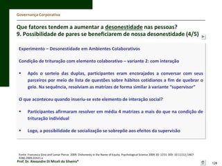 Governança Corporativa

Que fatores tendem a aumentar a desonestidade nas pessoas?
9. Possibilidade de pares se beneficiarem de nossa desonestidade (4/5)
Experimento – Desonestidade em Ambientes Colaborativos
Condição de trituração com elemento colaborativo – variante 2: com interação


Após o sorteio das duplas, participantes eram encorajados a conversar com seus
parceiros por meio de lista de questões sobre hábitos cotidianos a fim de quebrar o
gelo. Na sequência, resolviam as matrizes de forma similar à variante “supervisor”

O que aconteceu quando inseriu-se este elemento de interação social?


Participantes afirmaram resolver em média 4 matrizes a mais do que na condição de
trituração individual



Logo, a possibilidade de socialização se sobrepõe aos efeitos da supervisão

Fonte: Francesca Gino and Lamar Pierce. 2009. Dishonesty in the Name of Equity. Psychological Science 2009 20: 1153. DOI: 10.1111/j.14679280.2009.02421.x

Prof. Dr. Alexandre Di Miceli da Silveira®

128

 