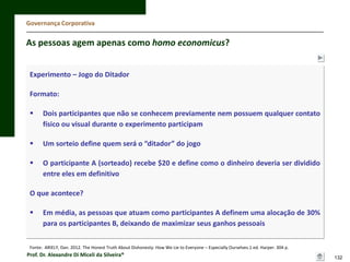 Governança Corporativa

As pessoas agem apenas como homo economicus?
Experimento – Jogo do Ditador
Formato:



Dois participantes que não se conhecem previamente nem possuem qualquer contato
físico ou visual durante o experimento participam



Um sorteio define quem será o “ditador” do jogo



O participante A (sorteado) recebe $20 e define como o dinheiro deveria ser dividido
entre eles em definitivo

O que acontece?


Em média, as pessoas que atuam como participantes A definem uma alocação de 30%
para os participantes B, deixando de maximizar seus ganhos pessoais

Fonte: ARIELY, Dan. 2012. The Honest Truth About Dishonesty: How We Lie to Everyone – Especially Ourselves.1 ed. Harper. 304 p.

Prof. Dr. Alexandre Di Miceli da Silveira®

132

 