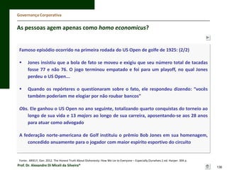 Governança Corporativa

As pessoas agem apenas como homo economicus?

Famoso episódio ocorrido na primeira rodada do US Open de golfe de 1925: (2/2)


Jones insistiu que a bola de fato se moveu e exigiu que seu número total de tacadas
fosse 77 e não 76. O jogo terminou empatado e foi para um playoff, no qual Jones
perdeu o US Open...



Quando os repórteres o questionaram sobre o fato, ele respondeu dizendo: “vocês
também poderiam me elogiar por não roubar bancos”

Obs. Ele ganhou o US Open no ano seguinte, totalizando quarto conquistas do torneio ao
longo de sua vida e 13 majors ao longo de sua carreira, aposentando-se aos 28 anos
para atuar como advogado
A federação norte-americana de Golf instituiu o prêmio Bob Jones em sua homenagem,
concedido anuamente para o jogador com maior espírito esportivo do circuito

Fonte: ARIELY, Dan. 2012. The Honest Truth About Dishonesty: How We Lie to Everyone – Especially Ourselves.1 ed. Harper. 304 p.

Prof. Dr. Alexandre Di Miceli da Silveira®

136

 