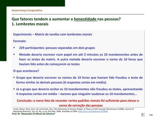 Governança Corporativa

Que fatores tendem a aumentar a honestidade nas pessoas?
1. Lembretes morais
Experimento – Matriz de tarefas com lembretes morais

Formato:


229 participantes: pessoas separadas em dois grupos



Metade deveria escrever num papel em até 2 minutos os 10 mandamentos antes de
fazer os testes da matriz. A outra metade deveria escrever o nome de 10 livros que
haviam lido antes de começarem os testes

O que aconteceu?
 Grupo que deveria escrever os nomes de 10 livros que haviam lido fraudou o teste de
forma similar às demais pessoas (6 respostas certas em média)

 Já o grupo que deveria recitar os 10 mandamentos não fraudou os testes, apresentando
4 respostas certas em média – mesmo que ninguém soubesse os 10 mandamentos...
Conclusão: o mero fato de recordar certos padrões morais foi suficiente para elevar o
senso de correção das pessoas
Fonte: Mazar, Nina, Amir, On and Ariely, Dan, The Dishonesty of Honest People: A Theory of Self-Concept Maintenance (2008). Journal of
Marketing Research, Vol. 45, No. 6, pp. 633-644, 2008. Available at SSRN: http://ssrn.com/abstract=979648

Prof. Dr. Alexandre Di Miceli da Silveira®

140

 