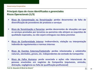 Governança Corporativa

Principais tipos de riscos identificados e gerenciados
Riscos Operacionais (1/3)


Risco de Concentração na Terceirização: perdas decorrentes de falta de
diversificação de provedores de produtos e serviços



Risco de Terceirização e Parcerias: perdas decorrentes de situações em que
os serviços prestados por terceiros ou parceiros não atinjam os requisitos de
qualidade esperados, ou não sejam entregues nas datas previstas



Risco de Conformidade Interna: inobservância, violação ou interpretação
indevida de regulamentos e normas internas



Risco de Eventos Externos/Catástrofe: perdas relacionadas a catástrofes
naturais, atentados, greves, etc. independentes da vontade da Companhia



Risco de Falha Humana: perda associada a ações não intencionais de
pessoas envolvidas em negócios da Companhia (equívocos, omissão,
distração, negligência ou falta de qualificação profissional)

Prof. Dr. Alexandre Di Miceli da Silveira®

48

 