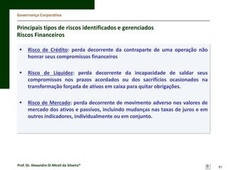 Governança Corporativa

Principais tipos de riscos identificados e gerenciados
Riscos Financeiros


Risco de Crédito: perda decorrente da contraparte de uma operação não
honrar seus compromissos financeiros



Risco de Liquidez: perda decorrente da incapacidade de saldar seus
compromissos nos prazos acordados ou dos sacrifícios ocasionados na
transformação forçada de ativos em caixa para quitar obrigações.



Risco de Mercado: perda decorrente de movimento adverso nos valores de
mercado dos ativos e passivos, incluindo mudanças nas taxas de juros e em
outros indicadores, individualmente ou em conjunto.

Prof. Dr. Alexandre Di Miceli da Silveira®

51

 