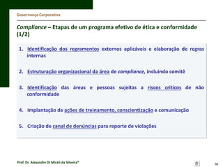 Governança Corporativa

Compliance – Etapas de um programa efetivo de ética e conformidade
(1/2)
1. Identificação dos regramentos externos aplicáveis e elaboração de regras
internas
2. Estruturação organizacional da área de compliance, incluindo comitê
3. Identificação das áreas e pessoas sujeitas a riscos críticos de não
conformidade
4. Implantação de ações de treinamento, conscientização e comunicação

5. Criação de canal de denúncias para reporte de violações

Prof. Dr. Alexandre Di Miceli da Silveira®

56

 