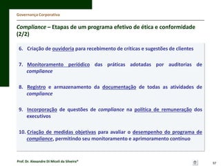 Governança Corporativa

Compliance – Etapas de um programa efetivo de ética e conformidade
(2/2)
6. Criação de ouvidoria para recebimento de críticas e sugestões de clientes
7. Monitoramento periódico das práticas adotadas por auditorias de
compliance
8. Registro e armazenamento da documentação de todas as atividades de
compliance
9. Incorporação de questões de compliance na política de remuneração dos
executivos
10. Criação de medidas objetivas para avaliar o desempenho do programa de
compliance, permitindo seu monitoramento e aprimoramento contínuo

Prof. Dr. Alexandre Di Miceli da Silveira®

57

 