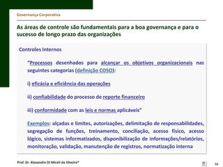 Governança Corporativa

As áreas de controle são fundamentais para a boa governança e para o
sucesso de longo prazo das organizações
Controles Internos
“Processos desenhados para alcançar os objetivos organizacionais nas
seguintes categorias (definição COSO):
i) eficácia e eficiência das operações
ii) confiabilidade do processo de reporte financeiro
iii) conformidade com as leis e normas aplicáveis”
Exemplos: alçadas e limites, autorizações, delimitação de responsabilidades,
segregação de funções, treinamento, conciliação, acesso físico, acesso
lógico, sistemas informatizados, disponibilização de informações/relatórios,
monitoração, validação, manutenção de registros, normatização interna
Prof. Dr. Alexandre Di Miceli da Silveira®

58

 