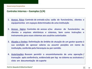 Governança Corporativa

Controles Internos – Exemplos (1/4)
1. Acesso físico: Controle de entrada e/ou saída de funcionários, clientes e
equipamentos em espaços determinados de uma instituição
2. Acesso lógico: Controles de acesso e/ou alcance de funcionários ou
clientes a arquivos eletrônicos e sistemas, bem como instruções e
treinamento para esses sistemas aos usuários autorizados
3. Alçadas e limites: Delimitação do âmbito de atuação de um gestor quanto à
sua condição de aprovar valores ou assumir posições em nome da
instituição, conferida pela hierarquia ou por comitês
4. Autorizações: Buscam permitir o encaminhamento de uma operação /
transação após conferência, evidenciada por log no sistema ou assinatura /
visto em documentação de suporte
Prof. Dr. Alexandre Di Miceli da Silveira®

60

 