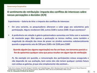 Governança Corporativa

O sentimento de retribuição: impacto dos conflitos de interesses sobre
nossas percepções e decisões (4/4)
Experimento – Galeria de Arte: o impacto dos conflitos de interesses


Em uma variante, os pesquisadores alteraram o valor pago aos voluntários pela
participação. Alguns receberam $30, outros $100 e outros $300. O que aconteceu?



A preferência em relação à galeria patrocinadora aumentou em linha com o aumento
do montante pago: Não apenas a pontuação se tornou melhor, como também a
magnitude da ativação das áreas de prazer no cérebro aumentou substancialmente
quando o pagamento saiu de $30 para $100 e de $100 para $300!
Quando alguém (ou alguma organização) nos faz um favor, nos tornamos parciais a
fim de apoiarmos qualquer coisa que possa resultar em algum tipo de retribuição
Ps. No exemplo em questão, a remuneração dos participantes estava assegurada e
não dependia de sua avaliação, bem como eles não teriam qualquer contato futuro
com ambas as galerias, já que elas simplesmente não existiam...

Fonte: Ann H. Harvey, Ulrich Kirk, George H. Denfield, and P. Read Montague. 2010. Monetary Favors and Their Influence on Neural Responses
and Revealed Preference. The Journal of Neuroscience, 30(28):9597–9602. DOI:10.1523/JNEUROSCI.1086-10.2010

Prof. Dr. Alexandre Di Miceli da Silveira®

72

 