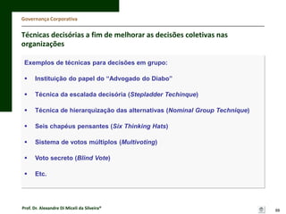 Governança Corporativa

Técnicas decisórias a fim de melhorar as decisões coletivas nas
organizações
Exemplos de técnicas para decisões em grupo:


Instituição do papel do “Advogado do Diabo”



Técnica da escalada decisória (Stepladder Techinque)



Técnica de hierarquização das alternativas (Nominal Group Technique)



Seis chapéus pensantes (Six Thinking Hats)



Sistema de votos múltiplos (Multivoting)



Voto secreto (Blind Vote)



Etc.

Prof. Dr. Alexandre Di Miceli da Silveira®

88

 