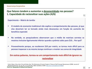 Governança Corporativa

Que fatores tendem a aumentar a desonestidade nas pessoas?
1. Capacidade de racionalizar suas ações (4/6)
Experimento – Matriz de tarefas


O modelo da economia tradicional não explica o comportamento das pessoas, já que
elas deveriam ter se tornado ainda mais desonestas em função do aumento do
benefício esperado



Na verdade, os pesquisadores observaram que a média de matrizes corretas se
mostrou inclusive ligeiramente inferior quando o prêmio subiu para $10... Por quê?



Provavelmente porque, ao receberem $10 por matriz, se tornou mais difícil para as
pessoas trapacear e ao mesmo tempo continuar a manter seu senso de integridade

Em outras palavras, tornou-se um comportamento mais difícil de ignorar ou
racionalizar
Fonte: Mazar, Nina, Amir, On and Ariely, Dan, The Dishonesty of Honest People: A Theory of Self-Concept Maintenance (2008). Journal of
Marketing Research, Vol. 45, No. 6, pp. 633-644, 2008. Available at SSRN: http://ssrn.com/abstract=979648

Prof. Dr. Alexandre Di Miceli da Silveira®

97

 