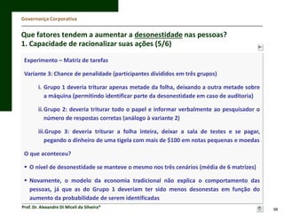 Governança Corporativa

Que fatores tendem a aumentar a desonestidade nas pessoas?
1. Capacidade de racionalizar suas ações (5/6)
Experimento – Matriz de tarefas
Variante 3: Chance de penalidade (participantes divididos em três grupos)
i. Grupo 1 deveria triturar apenas metade da folha, deixando a outra metade sobre
a máquina (permitindo identificar parte da desonestidade em caso de auditoria)
ii.Grupo 2: deveria triturar todo o papel e informar verbalmente ao pesquisador o
número de respostas corretas (análogo à variante 2)
iii.Grupo 3: deveria triturar a folha inteira, deixar a sala de testes e se pagar,
pegando o dinheiro de uma tigela com mais de $100 em notas pequenas e moedas
O que aconteceu?
 O nível de desonestidade se manteve o mesmo nos três cenários (média de 6 matrizes)
 Novamente, o modelo da economia tradicional não explica o comportamento das
pessoas, já que as do Grupo 1 deveriam ter sido menos desonestas em função do
aumento da probabilidade de serem identificadas
Prof. Dr. Alexandre Di Miceli da Silveira®

98

 