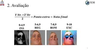 4
2. Avaliação
𝟏°𝑨𝒗. +𝟐°𝑨𝒗
𝟐
+ 𝑷𝒐𝒏𝒕𝒐 𝒆𝒙𝒕𝒓𝒂 = 𝑵𝒐𝒕𝒂 𝒇𝒊𝒏𝒂𝒍
0-4,9
INS
5-6,9
REG
7-8,9
BOM
9-10
EXC
 