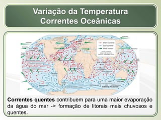 Título
Texto...
Variação da Temperatura
Correntes Oceânicas
Correntes quentes contribuem para uma maior evaporação
da água do mar -> formação de litorais mais chuvosos e
quentes.
 