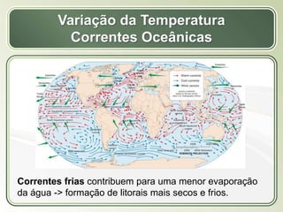 Título
Texto...
Variação da Temperatura
Correntes Oceânicas
Correntes frias contribuem para uma menor evaporação
da água -> formação de litorais mais secos e frios.
 