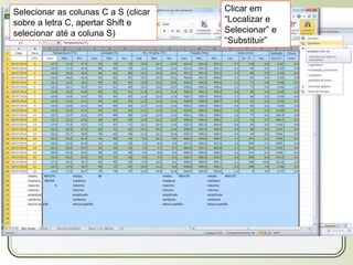 Título
Texto...
Selecionar as colunas C a S (clicar
sobre a letra C, apertar Shift e
selecionar até a coluna S)
Clicar em
“Localizar e
Selecionar” e
“Substituir”
 