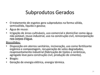29
Subprodutos Gerados
• O tratamento de esgotos gera subprodutos na forma sólida,
semissólida, líquida e gasosa;
• Água de reuso:
• Irrigação de áreas cultiváveis, uso comercial e domiciliar como água
não potável, reuso industrial, uso na construção civil, reincorporação
nos corpos d’água.
Biossólidos:
• Disposição em aterros sanitários, incineração, uso como fertilizante
orgânico e compostagem, recuperação de solos degradados,
reaproveitamento industrial (fabricação de tijolos e cerâmicas,
agregado leve para construção civil, produção de cimento).
• Biogás:
• Geração de energia elétrica, energia térmica.
 