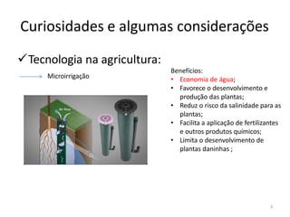Curiosidades e algumas considerações
✓Tecnologia na agricultura:
Microirrigação
Benefícios:
3
• Economia de água;
• Favorece o desenvolvimento e
produção das plantas;
• Reduz o risco da salinidade para as
plantas;
• Facilita a aplicação de fertilizantes
e outros produtos químicos;
• Limita o desenvolvimento de
plantas daninhas ;
 