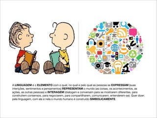 A LINGUAGEM é o ELEMENTO com o qual, no qual e pelo qual as pessoas se EXPRESSAM (suas
intenções, sentimentos e pensamentos) REPRESENTAM o mundo (as coisas, os acontecimentos, as
ações, as outras pessoas) e INTERAGEM (dialogam e conversam para se mostrarem diferentes, para
construírem consensos, para negociarem, para compartilharem, comunicarem, entenderem-se). Quer dizer:
pela linguagem, com ela e nela o mundo humano é construído SIMBOLICAMENTE.
 