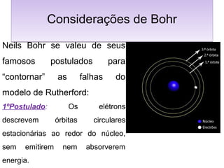 Considerações de BohrConsiderações de Bohr
Neils Bohr se valeu de seus
famosos postulados para
“contornar” as falhas do
modelo de Rutherford:
1ºPostulado: Os elétrons
descrevem órbitas circulares
estacionárias ao redor do núcleo,
sem emitirem nem absorverem
energia.
 