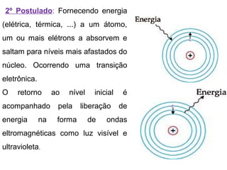 2º Postulado: Fornecendo energia
(elétrica, térmica, ...) a um átomo,
um ou mais elétrons a absorvem e
saltam para níveis mais afastados do
núcleo. Ocorrendo uma transição
eletrônica.
O retorno ao nível inicial é
acompanhado pela liberação de
energia na forma de ondas
eltromagnéticas como luz visível e
ultravioleta.
 