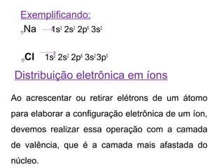 Exemplificando:
11Na 1s2
2s2
2p6
3s2
17Cl 1s2
2s2
2p6
3s2
3p5
Distribuição eletrônica em íons
Ao acrescentar ou retirar elétrons de um átomo
para elaborar a configuração eletrônica de um íon,
devemos realizar essa operação com a camada
de valência, que é a camada mais afastada do
núcleo.
 