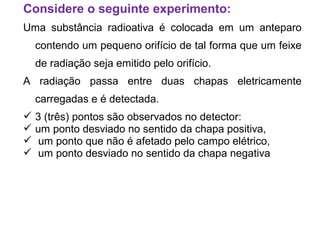 Considere o seguinte experimento:
Uma substância radioativa é colocada em um anteparo
contendo um pequeno orifício de tal forma que um feixe
de radiação seja emitido pelo orifício.
A radiação passa entre duas chapas eletricamente
carregadas e é detectada.
 3 (três) pontos são observados no detector:
 um ponto desviado no sentido da chapa positiva,
 um ponto que não é afetado pelo campo elétrico,
 um ponto desviado no sentido da chapa negativa
 