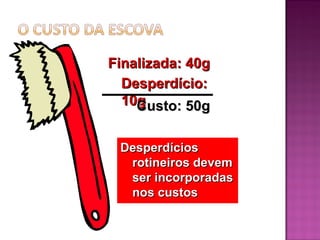 Finalizada: 40g
  Desperdício:
  10g
    Custo: 50g

 Desperdícios
  rotineiros devem
  ser incorporadas
  nos custos
 
