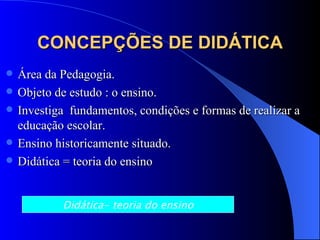 CONCEPÇÕES DE DIDÁTICA Área da Pedagogia. Objeto de estudo : o ensino. Investiga  fundamentos, condições e formas de realizar a educação escolar. Ensino historicamente situado. Didática = teoria do ensino Didática- teoria do ensino 