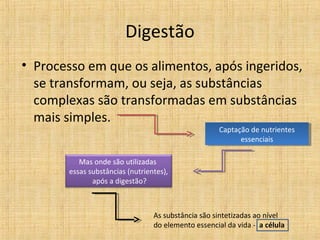 Digestão
• Processo em que os alimentos, após ingeridos,
  se transformam, ou seja, as substâncias
  complexas são transformadas em substâncias
  mais simples.
                                                     Captação de nutrientes
                                                      Captação de nutrientes
                                                           essenciais
                                                            essenciais

          Mas onde são utilizadas
       essas substâncias (nutrientes),
              após a digestão?



                                 As substância são sintetizadas ao nível
                                 do elemento essencial da vida - a célula
 