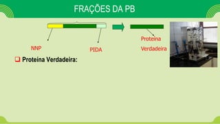 FRAÇÕES DA PB
 Proteína Verdadeira:
NNP PIDA
Proteína
Verdadeira
 