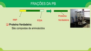 FRAÇÕES DA PB
 Proteína Verdadeira:
São compostas de aminoácidos
NNP PIDA
Proteína
Verdadeira
 