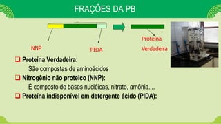 FRAÇÕES DA PB
 Proteína Verdadeira:
São compostas de aminoácidos
 Nitrogênio não proteico (NNP):
É composto de bases nucléicas, nitrato, amônia....
 Proteína indisponível em detergente ácido (PIDA):
NNP PIDA
Proteína
Verdadeira
 