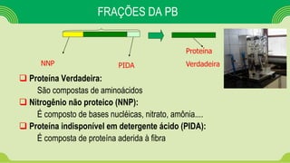 FRAÇÕES DA PB
 Proteína Verdadeira:
São compostas de aminoácidos
 Nitrogênio não proteico (NNP):
É composto de bases nucléicas, nitrato, amônia....
 Proteína indisponível em detergente ácido (PIDA):
É composta de proteína aderida à fibra
NNP PIDA
Proteína
Verdadeira
 