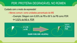 PDR: PROTEÍNA DEGRADÁVEL NO RÚMEN
Cuidado com o modo de expressão!
–Menos comum: como unidades percentuais da MS
–Exemplo: Silagem com 8,00% de PB e 69 % da PB como PDR
 5,52% da MS é PDR
8 % PB
na MS
5,52 %
da MS é
PDR
(8,00 X 69/100 =5,52%)
 