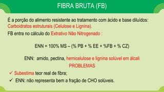 FIBRA BRUTA (FB)
É a porção do alimento resistente ao tratamento com ácido e base diluídos:
Carboidratos estruturais (Celulose e Lignina).
FB entra no cálculo do Extrativo Não Nitrogenado :
ENN = 100% MS – (% PB + % EE + %FB + % CZ)
ENN: amido, pectina, hemicelulose e lignina solúvel em álcali
PROBLEMAS
 Subestima teor real de fibra;
 ENN: não representa bem a fração de CHO solúveis.
 