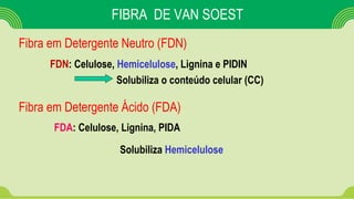 FIBRA DE VAN SOEST
FDN: Celulose, Hemicelulose, Lignina e PIDIN
Solubiliza o conteúdo celular (CC)
Fibra em Detergente Neutro (FDN)
Fibra em Detergente Ácido (FDA)
FDA: Celulose, Lignina, PIDA
Solubiliza Hemicelulose
 