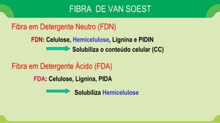 FIBRA DE VAN SOEST
FDN: Celulose, Hemicelulose, Lignina e PIDIN
Solubiliza o conteúdo celular (CC)
Fibra em Detergente Neutro (FDN)
Fibra em Detergente Ácido (FDA)
FDA: Celulose, Lignina, PIDA
Solubiliza Hemicelulose
 