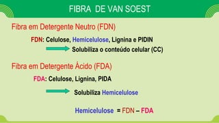 FIBRA DE VAN SOEST
FDN: Celulose, Hemicelulose, Lignina e PIDIN
Solubiliza o conteúdo celular (CC)
Fibra em Detergente Neutro (FDN)
Fibra em Detergente Ácido (FDA)
FDA: Celulose, Lignina, PIDA
Solubiliza Hemicelulose
Hemicelulose = FDN – FDA
 