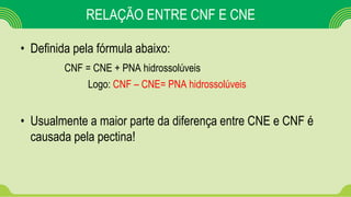 RELAÇÃO ENTRE CNF E CNE
• Definida pela fórmula abaixo:
CNF = CNE + PNA hidrossolúveis
Logo: CNF – CNE= PNA hidrossolúveis
• Usualmente a maior parte da diferença entre CNE e CNF é
causada pela pectina!
 