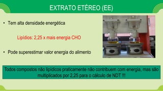 • Tem alta densidade energética
Lipídios: 2,25 x mais energia CHO
• Pode superestimar valor energia do alimento
Todos compostos não lipídicos praticamente não contribuem com energia, mas são
multiplicados por 2,25 para o cálculo de NDT !!!
EXTRATO ETÉREO (EE)
 
