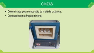 CINZAS
• Determinada pela combustão da matéria orgânica;
• Correspondem a fração mineral.
 