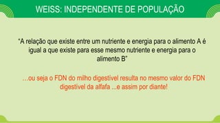 WEISS: INDEPENDENTE DE POPULAÇÃO
“A relação que existe entre um nutriente e energia para o alimento A é
igual a que existe para esse mesmo nutriente e energia para o
alimento B”
…ou seja o FDN do milho digestível resulta no mesmo valor do FDN
digestível da alfafa ...e assim por diante!
 