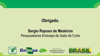 Obrigado.
Sergio Raposo de Medeiros
Pesquisadores Embrapa de Gado de Corte
 