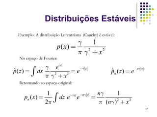 Distribuições Estáveis
  Exemplo: A distribuição Lorentziana (Cauchy) é estável:
                                γ    1
                        p( x) =
                                π γ +x
                                   2   2

  No espaço de Fourier:

                γ eixz
p( z ) = ∫
                             −γ z
ˆ            dx            =e                          ˆ n ( z ) = e−nγ z
                                                       p
                π γ 2 + x2
  Retornando ao espaço original:

                 1                   nγ 1
                   ∫ dz e e = π (nγ )2 + x 2
                         −ixz − nγ z
     pn ( x ) =
                2π
                                                                            17
 