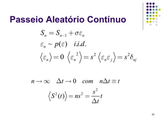 Passeio Aleatório Contínuo
      S n = S n−1 + σεn
      εn ~ p (ε) i.i.d .
       εn = 0 εn        = s 2 εn ε j = s 2δnj
                    2




    n → ∞ Δt → 0 com nΔt ≡ t
                            s2
          S 2 (t ) = ns 2 =    t
                            Δt
                                                20
 