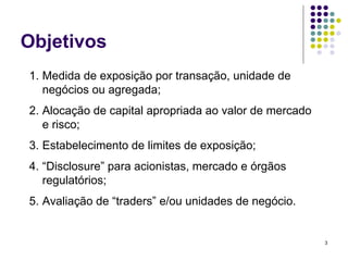 Objetivos
1. Medida de exposição por transação, unidade de
   negócios ou agregada;
2. Alocação de capital apropriada ao valor de mercado
   e risco;
3. Estabelecimento de limites de exposição;
4. “Disclosure” para acionistas, mercado e órgãos
   regulatórios;
5. Avaliação de “traders” e/ou unidades de negócio.


                                                        3
 
