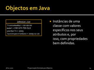Classes em JavaDefinem conjunto de características (propriedades e operações) comuns a todas as suas instâncias.2010-03-30Programação Orientada para Objectos13Car- licenseNumber : String- model : String- yearBuilt : int- lastInspectionDate : Dateimplementaçãointerface+ getLicenseNumber() : String+ getModel() : String+ getLastInspectionDate() : Date+ getYearAge() : int+ getNextInspectionDate() : Date+ isInspected() : boolean+ setInspectedToday()PropriedadesOperação